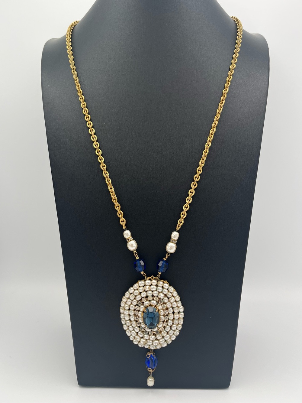 Signed Miriam Haskell Blue Rhinestone Pearl Filigree Pendant Necklace 28″